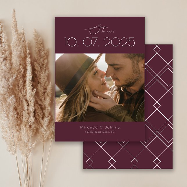 Modern Topography Burgundy Wedding Photo Save The Date (Creator Uploaded)
