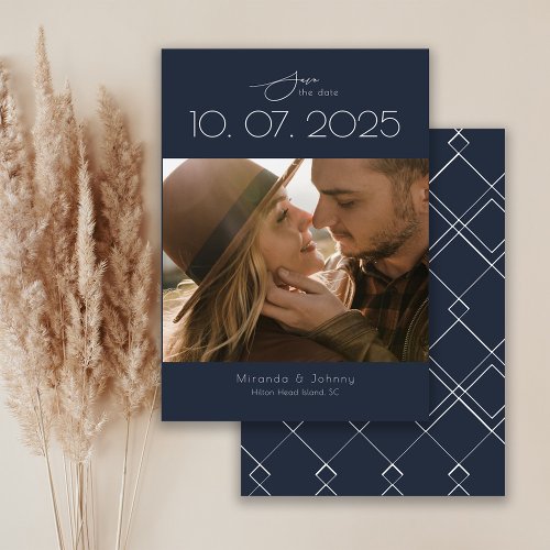 Modern Topography Navy Wedding Photo Save The Date