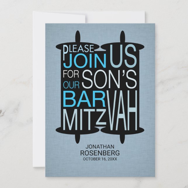 Modern Torah Bar Mitzvah Invitation Gray and Blue (Front)