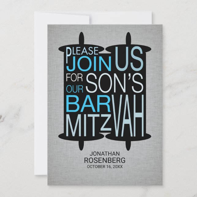 Modern Torah Bar Mitzvah Invitation Gray and Blue (Front)