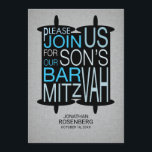 Modern Torah Bar Mitzvah Invitation Gray and Blue<br><div class="desc">It’s modern simplicity for your son’s Bar Mitzvah. This invitation features a striking silhouette of the Torah that frames art deco style type, announcing the big event. The linen-like background is a lightly textured color. All of the printed information can be customized with your son’s name and the event date…just...</div>