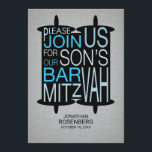 Modern Torah Bar Mitzvah Invitation Gray and Blue<br><div class="desc">It’s modern simplicity for your son’s Bar Mitzvah. This invitation features a striking silhouette of the Torah that frames art deco style type, announcing the big event. The linen-like background is a lightly textured color. All of the printed information can be customized with your son’s name and the event date…just...</div>