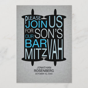 Modern Torah Bar Mitzvah Invitation Gray and Blue