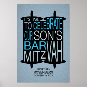 Modern Torah Bar Mitzvah Poster Gray and Blue