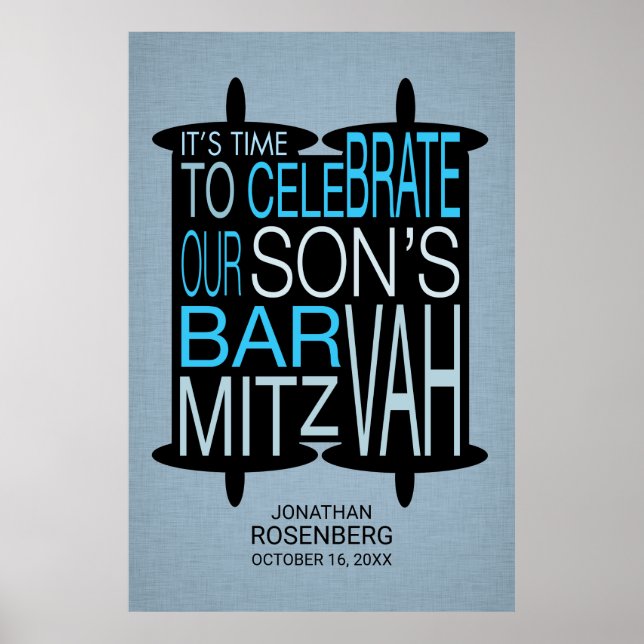 Modern Torah Bar Mitzvah Poster Gray and Blue (Front)