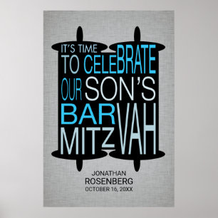 Modern Torah Bar Mitzvah Poster Gray and Blue