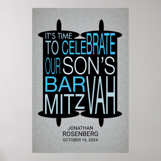 Modern Torah Bar Mitzvah Poster Gray and Blue (Front)