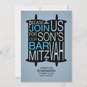 Modern Torah Bar Mitzvah Save the Date Gray Blue
