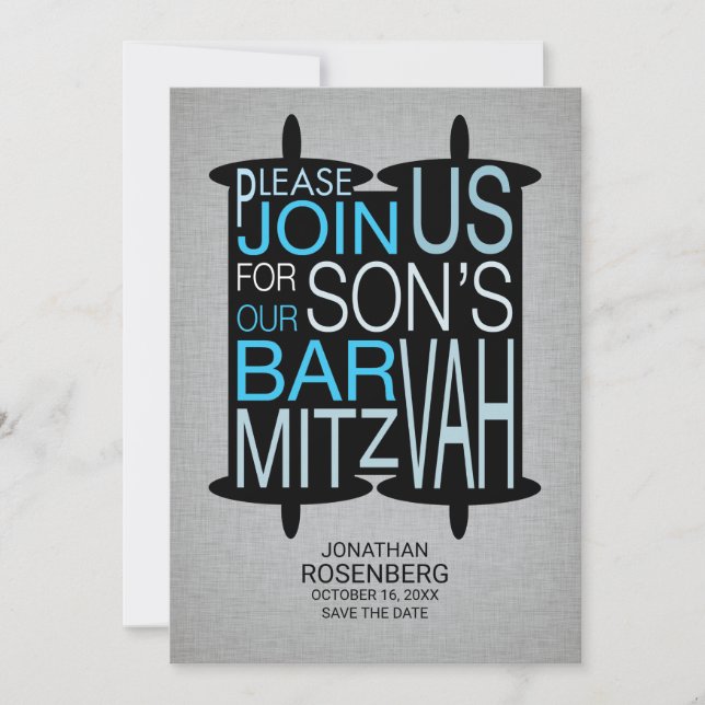 Modern Torah Bar Mitzvah Save the Date Gray Blue (Front)