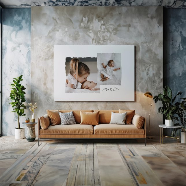 Modern torn edge multi photo personalized script canvas print (Creator Uploaded)