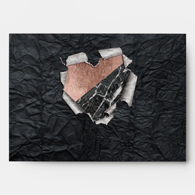Modern Torn Paper Heart and Rose Gold Marble Envelope (Front)