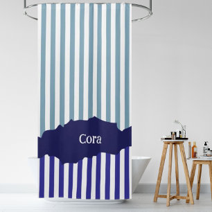 Modern Torn White Stripes Blue Layered Name Shower Curtain
