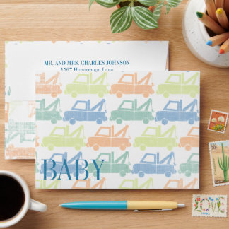 Modern Tow Truck Baby Boy Shower Invitations Envelope