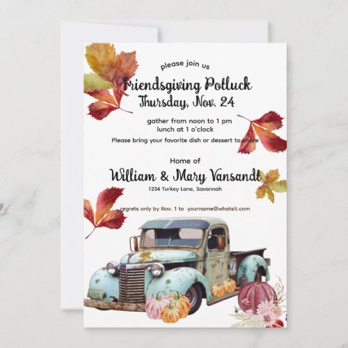 Modern Tradition Rustic Blue Truck Friendsgiving Invitation