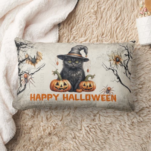 Modern traditional classic Halloween black cat Lumbar Pillow