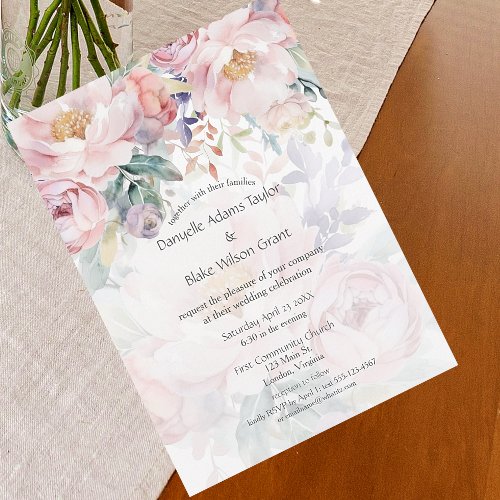 Modern Traditional Watercolor Pink Floral Wedding Invitation