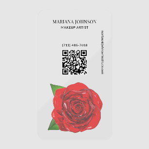 Modern Translucent Red Rose Makeup Artist QR Code Clear Business Cards