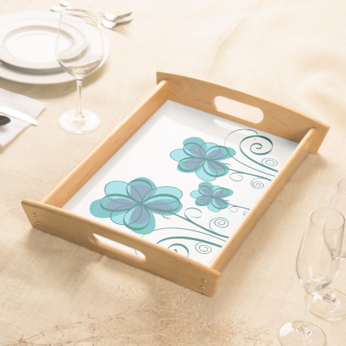 Modern Translucent Watercolor Florals Blue Teal Serving Tray