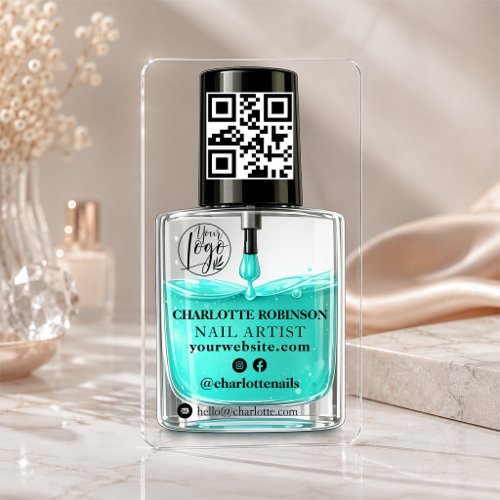 Modern Transparent Blue Nail Polish QR Social Clear Business Cards