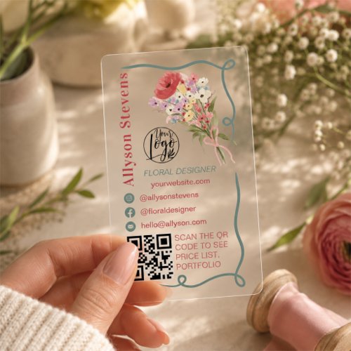 Modern Transparent Floral QR Wildflower Florist Clear Business Cards