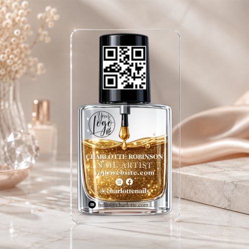 Modern Transparent Gold Nail Polish QR Social Clear Business Cards
