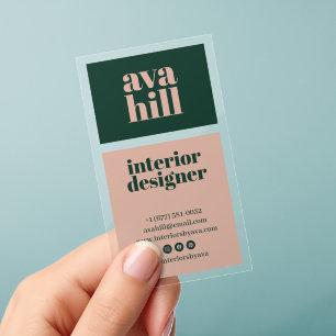 Modern Transparent Minimalist Green Pink Bold Logo Clear Business Cards
