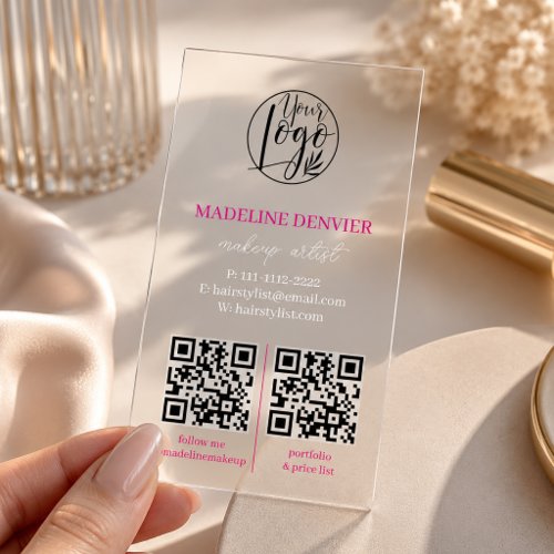 Modern transparent neon pink makeup qr codes clear business cards
