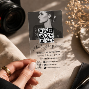 Modern Transparent Photographer Photo QR Branding Clear Business Cards