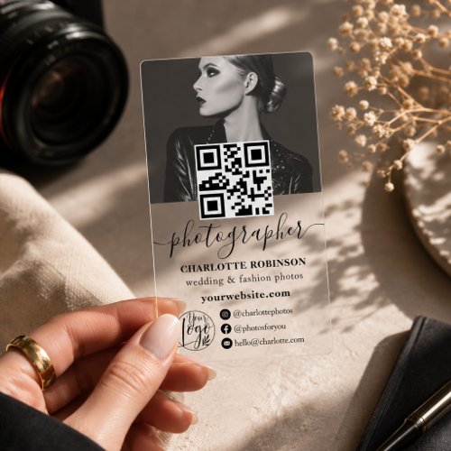 Modern Transparent Photographer Photo QR Branding Clear Business Cards