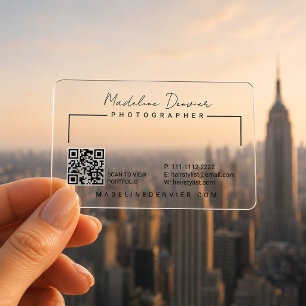 Modern Transparent Photographer QR Code Clear Business Cards