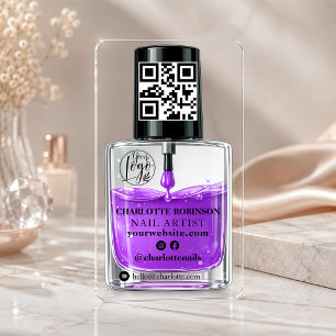 Modern Transparent Purple Nail Polish QR Social Clear Business Cards