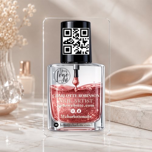 Modern Transparent Rose Gold Nail Polish QR Social Clear Business Cards