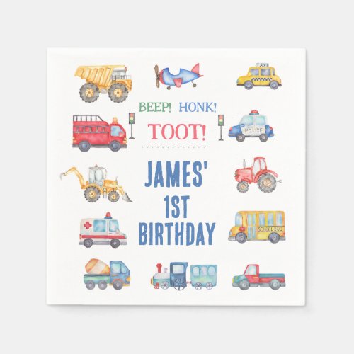 Modern Transport Themed 1st Birthday Party Paper Napkins