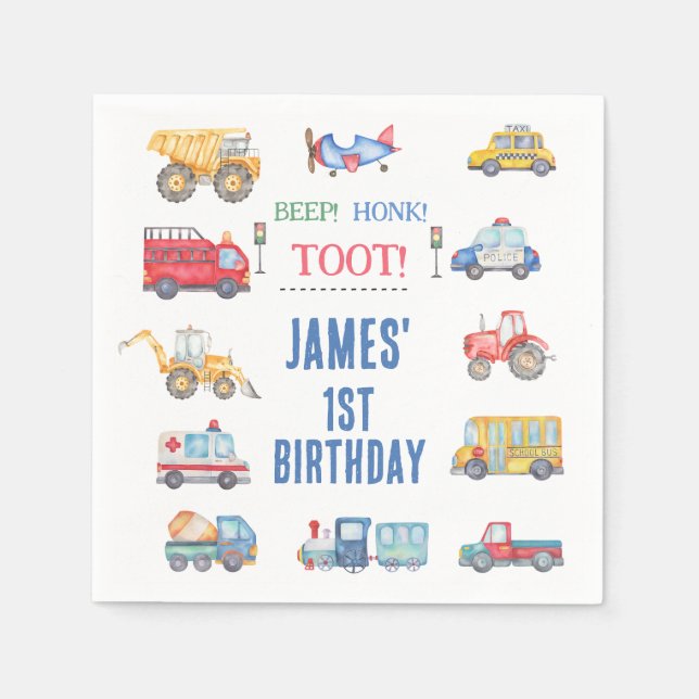 Modern Transport Themed 1st Birthday Party Paper Napkins (Front)