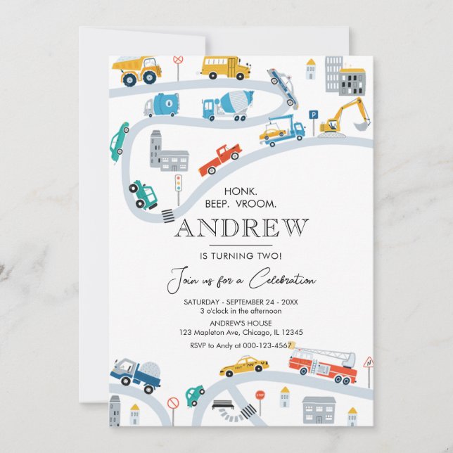Modern Transportation Trucks and Cars Birthday Invitation (Front)