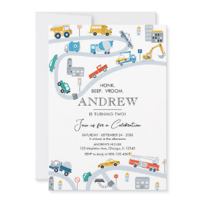 Modern Transportation Trucks and Cars Birthday Invitation