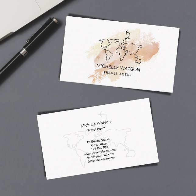Modern Travel Agent World Map Airplane Vacation Business Card (line art world map)