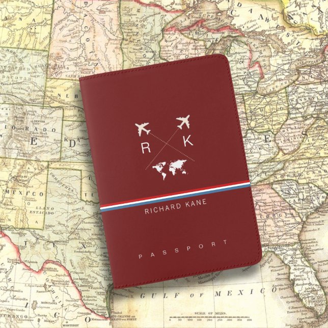 Modern Travel Passport Cover Monogrammed Dark Red (Creator Uploaded)