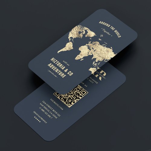 Modern Travel Planner Travel Agency Dark Blue Gold Business Card