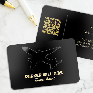 Modern travel QR code black Foil Spot Gloss Business Cards