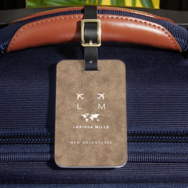 Modern Traveler Monogram Brown Leather Luggage Tag (Front Insitu 2)