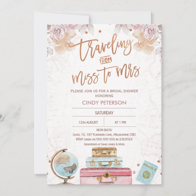 Modern Traveling Miss to Mrs Bridal Shower Invitation (Front)