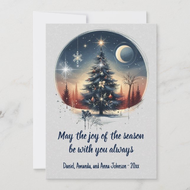 Modern Tree, Against Forest and Moon Christmas Holiday Card (Front)
