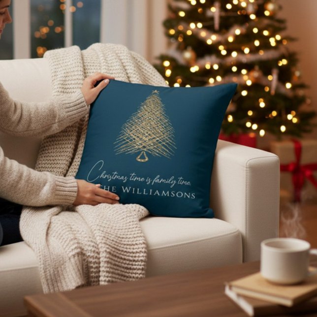modern tree family blue christmas   throw pillow (Creator Uploaded)