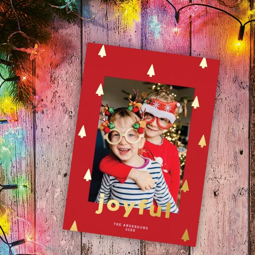 Modern Tree Frame 1 Photo Red  Gold Foil Holiday Card