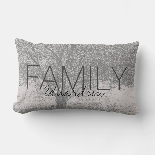 Modern tree gray white nature Family monogram name Lumbar Pillow (Front)