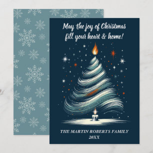 Modern Tree in Blue and Gray with Candle Holiday Card