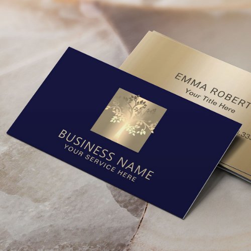 Modern Tree Logo Elegant Navy Blue  Gold Business Card