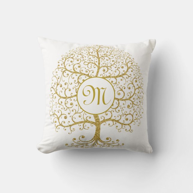Modern Tree of Life Monogram Gold Throw Pillow (Front)