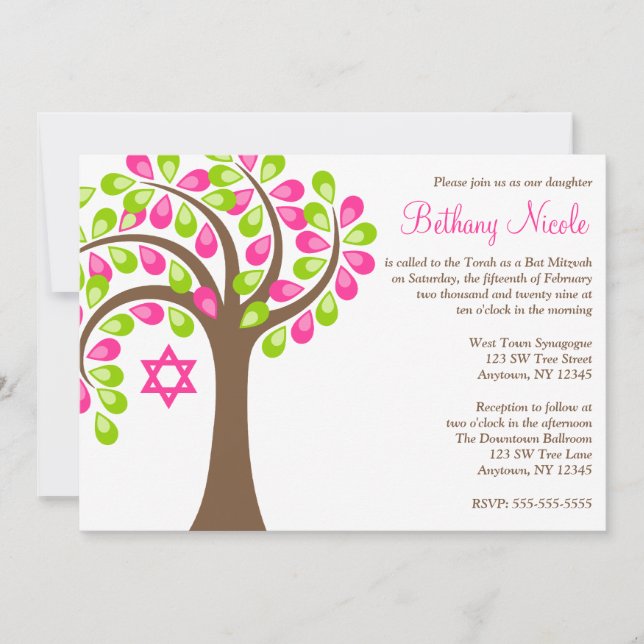 Modern Tree of Life Pink Green Bat Mitzvah Invitation (Front)